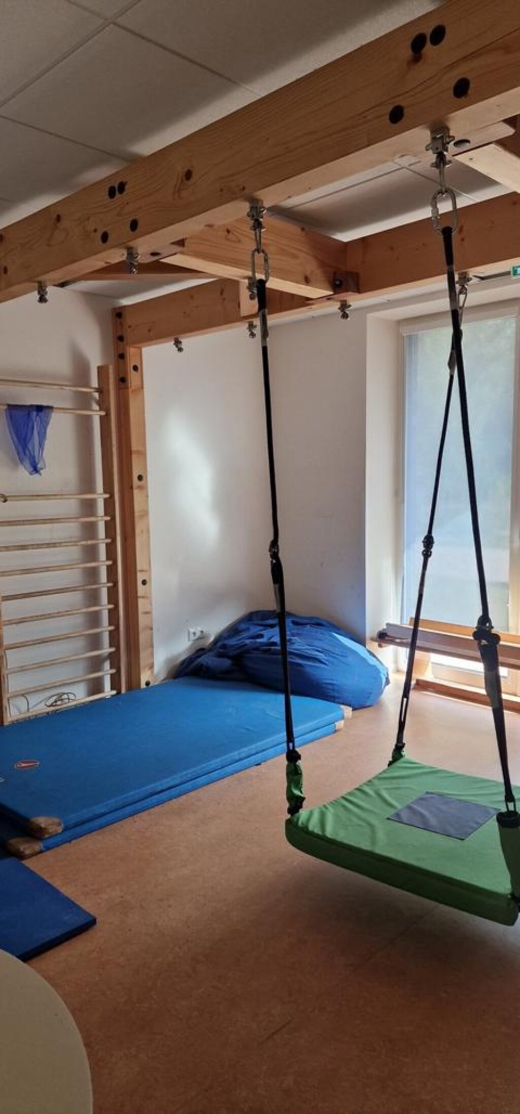 AWO Hamburg Kita Kielkoppelstraße Bewegungsraum mit Kletterwand und Schaukel.